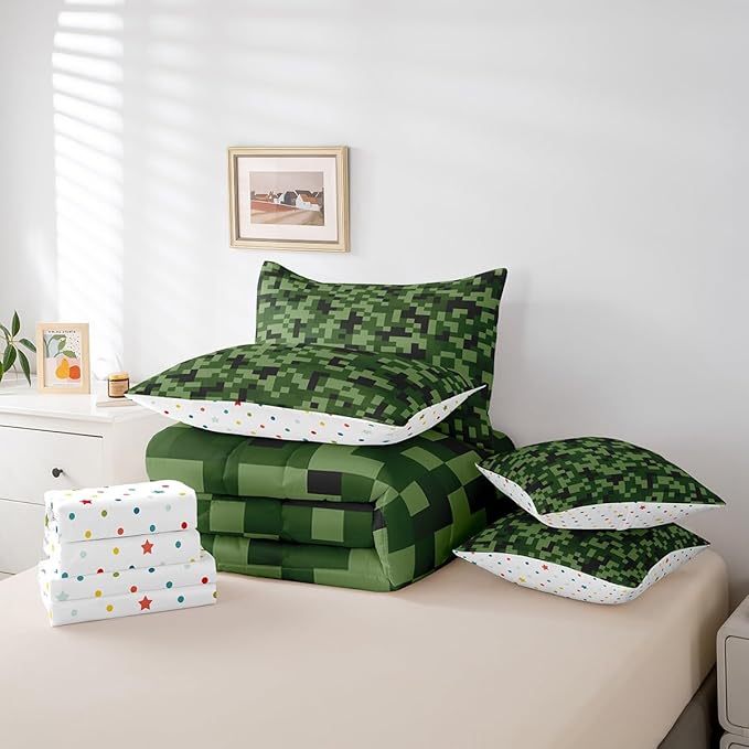 Green Camo 7Pcs Comforter Set Queen,Army Green Camouflage Bedding Set for Kids Boys Teens Men Room Decor,Geometric Grid Patchwork Fitted Flat Sheet Reversible Gamepad 2 Throw Pillow,2 Pillowcases