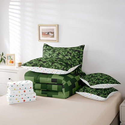 Green Camo 7Pcs Comforter Set King,Army Green Camouflage Bedding Set for Kids Boys Teens Men Room Decor,Geometric Grid Patchwork Fitted Flat Sheet Reversible Gamepad 2 Throw Pillow,2 Pillowcases