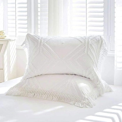 Nanko Queen Size Comforter Set, White Tufted Tassel Jacquard Boho Geometric Shabby Chic Down Alternative Soft Microfiber Bedding - Farmhouse Modern Bed Sets in a Bag for Women Men 88x90 3pc
