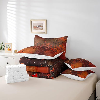 Erosebridal French Paris King Comforter Set 7-Piece Romantic Eiffel Tower Bed in a Bag, Red Gradient Bedding Comforter Sets Retro Grunge Bedding Set with Fitted Sheet, Flat Sheet and Pillowcases