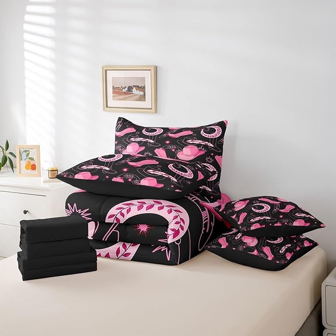 Feelyou Pink Western Cowgirl Comforter Set with Sheets Full Size Kids West Cowboy 7 Pieces Bedding Set for Boys Girls Teens Rodeo Horseshoe Hat Bed in a Bag Grunge Design Bed Set Sun Moon