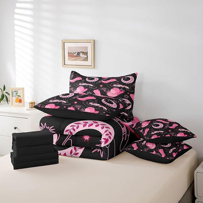 Feelyou Pink Western Cowgirl Comforter Set with Sheets Twin Size Kids West Cowboy 7 Pieces Bedding Set for Boys Girls Teens Rodeo Horseshoe Hat Bed in a Bag Grunge Design Bed Set Sun Moon
