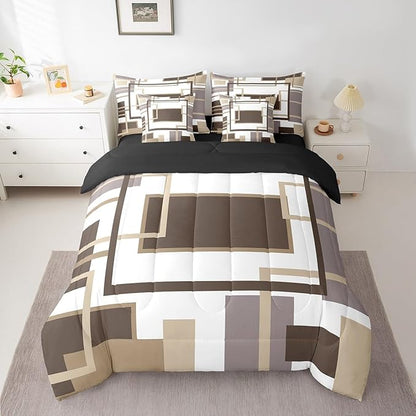 Erosebridal 7Pcs Khaki Square Geometric Comforter Set Queen,Minimalist Striped Abstract Bed in A Bag for Women Men Adults,Modern Aesthetic Art Quilt Set with Pillowcases,Geometric Stripes Bedding