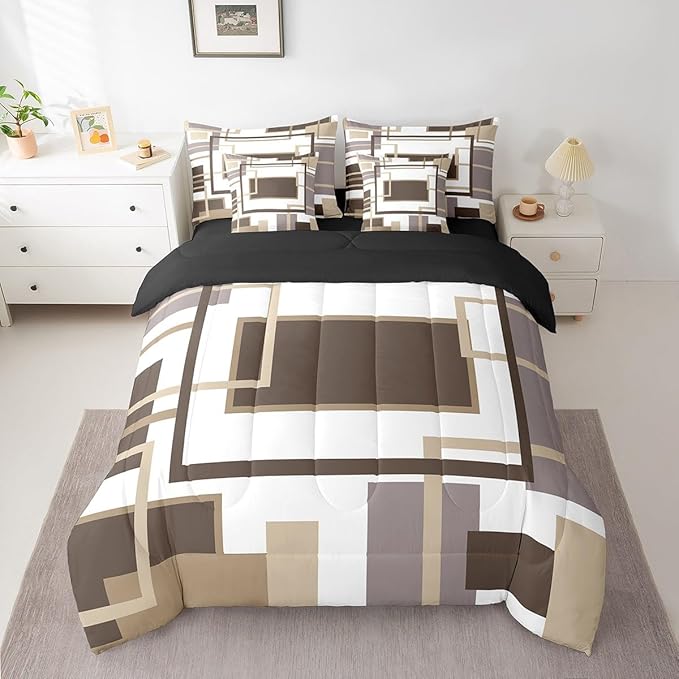 Erosebridal 7Pcs Khaki Square Geometric Comforter Set Twin,Minimalist Striped Abstract Bed in A Bag for Women Men Adults,Modern Aesthetic Art Quilt Set with Pillowcases,Geometric Stripes Bedding