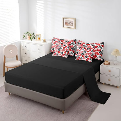 Feelyou Valentine's Day 7 Piece Bedding Set Full Size Red Black Heart-Shaped Comforter Set with Sheets for Adult Polka Dot Bed in a Bag Romantic Bed Set