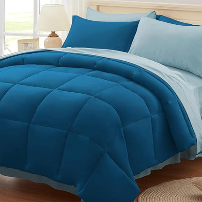 Anluoer Queen Comforter Set,Teal&Light Blue Bed in a Bag 7 Piece,Lightweight Bedding Set with Soft Down Alternative Fill,Bed Set Includes Comforter, Fitted Sheet, Flat Sheet,Pillowcases and Shams