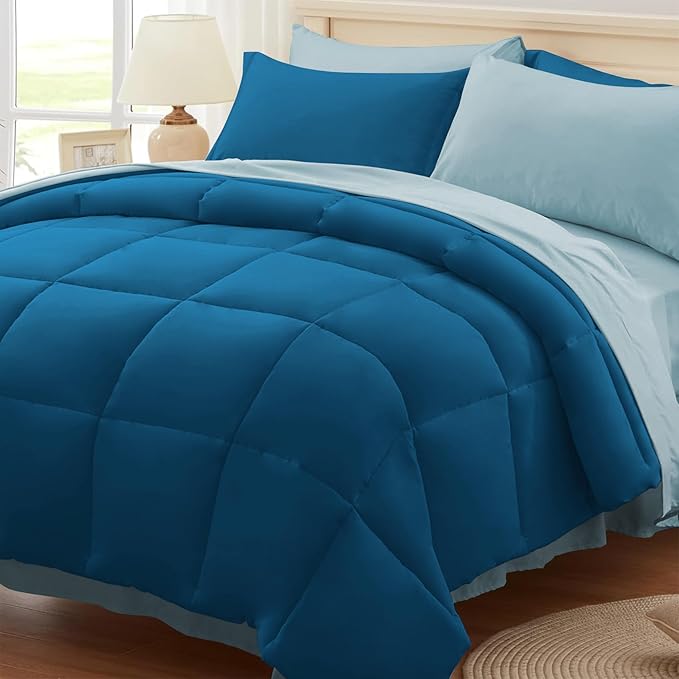 Anluoer Full Comforter Set,Teal&Light Blue Bed in a Bag 7 Piece,Lightweight Bedding Set with Soft Down Alternative Fill,Bed Set Includes Comforter, Fitted Sheet, Flat Sheet,Pillowcases and Shams