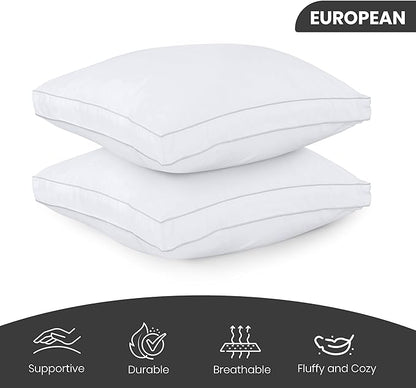 Utopia Bedding Bed Pillows for Sleeping European Size (White), Set of 2, Soft & Fluffy Pillow with Down Alternative Filling, Cooling, Hotel Quality, Gusseted Pillow for Back, Stomach or Side Sleepers
