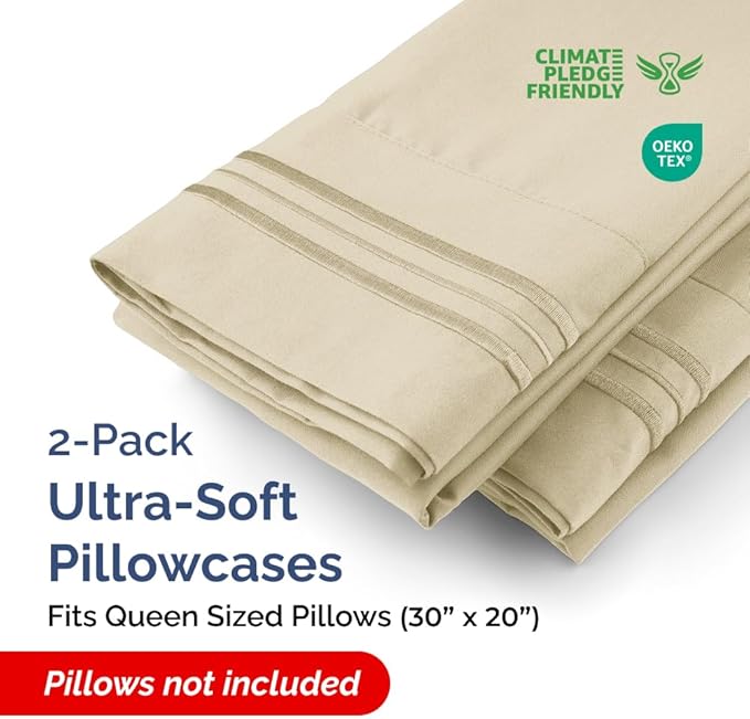 Queen Pillow Cases Set of 2 - Ultra Soft Hotel Quality Pillowcase Covers - Comfy, Cozy & Wrinkle Free - Shrinkage, Stain and Fade Resistant - Machine Washable Pillow Protectors - 2 Piece Set - Cream