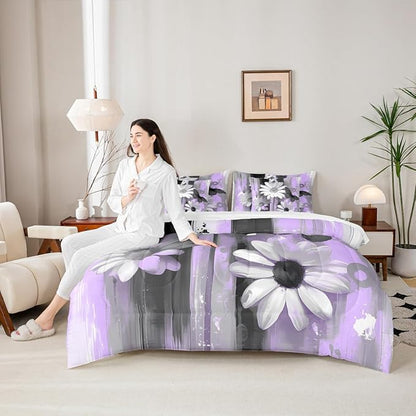 Feelyou Girls Daisy Flower Comforter Set with Sheets Full Size 7 Pieces Kids Butterfly Floral Bedding Set for Boys Women Teens Purple Black Simple Modern Abstract Art Bed in a Bag Room Decor