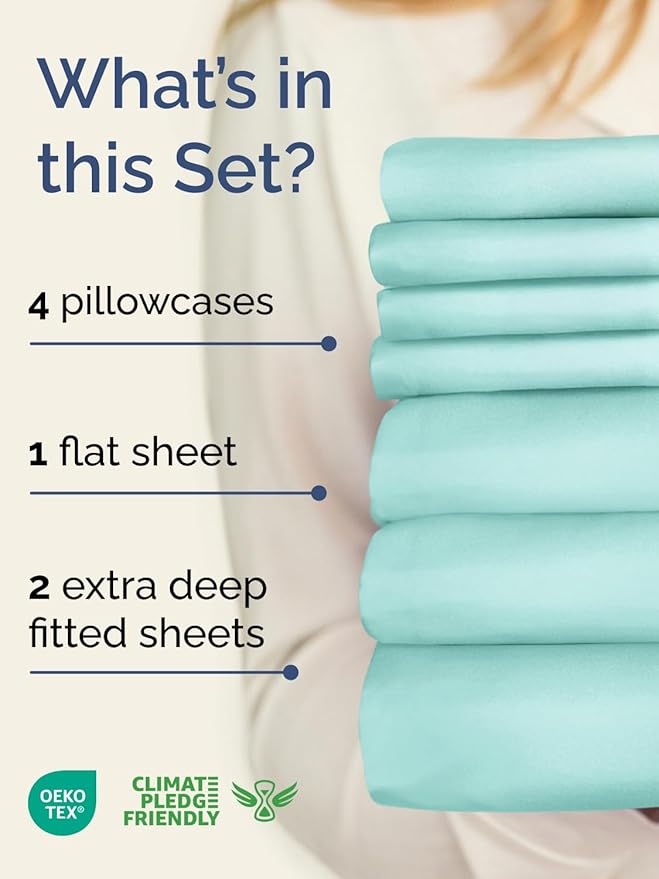 Extra Deep Split King Sheet Set - 7 Piece Breathable and Cooling Sheets - Hotel Luxury Bedding for Women, Men, Kids & Teens - Easy & Secure Fit - Soft and Wrinkle Free - Extra Deep Pockets - Spa Blue