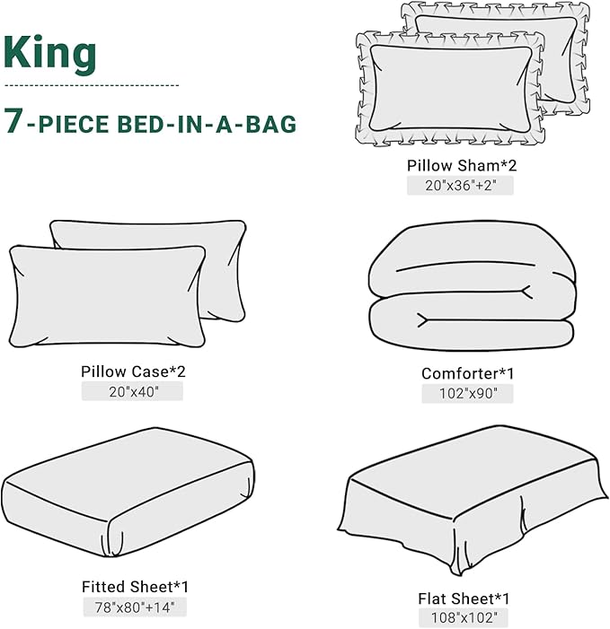 JOLLYVOGUE King Size Comforter Set 7 Pieces, Green Bed in a Bag Comforter Set for Bedroom, Beddding Sets with Comforter, Sheets,Ruffled Shams & Pillowcases