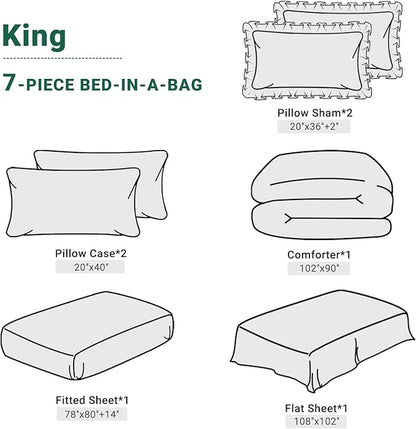 JOLLYVOGUE King Size Comforter Set 7 Pieces, Green Bed in a Bag Comforter Set for Bedroom, Beddding Sets with Comforter, Sheets,Ruffled Shams & Pillowcases