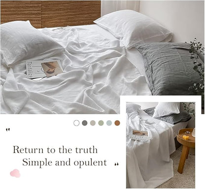 Simple&Opulence Washed Linen Bed Sheet Set Basic Style 4 Pieces (1 Flat Sheet & 1 Fitted Sheet & 2 Pillowcases) 100% Natural French Flax Soft Breathable Farmhouse Bedding (Queen, White)