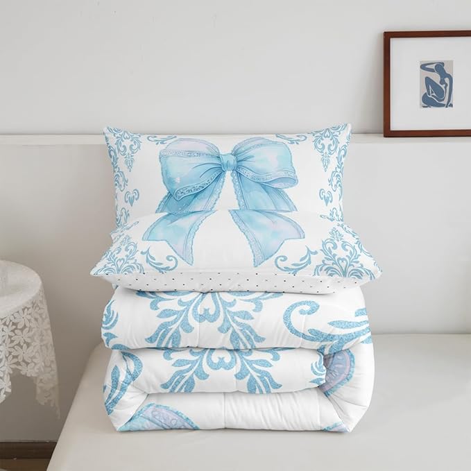 jejeloiu Girls Pretty Ribbon Blue Bow Bedding Set Toddle Size Blue Damask Comforter Set for Kids Women Cute Bow Duvet Set Princess Quilt Set 2Pcs