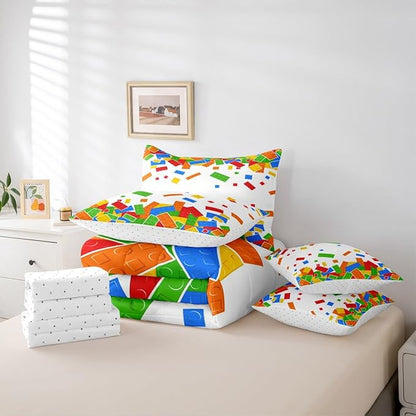 Cartoon Construction Bedding Sets King Size 7 Pcs,Watercolor Building Block Comforter Set for Kids Child Boys Girls Room Decor,Brick Games Fitted Flat Sheet with 2 Throw Pillow Covers 2 Pillowcases