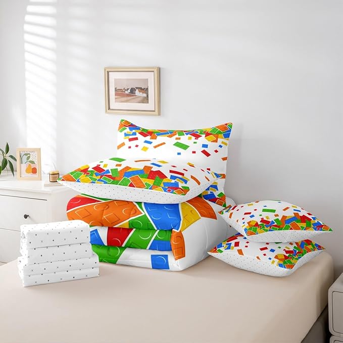 Cartoon Construction Bedding Sets Queen Size 7 Pcs,Watercolor Building Block Comforter Set for Kids Child Boys Girls Room Decor,Brick Games Fitted Flat Sheet with 2 Throw Pillow Covers 2 Pillowcases