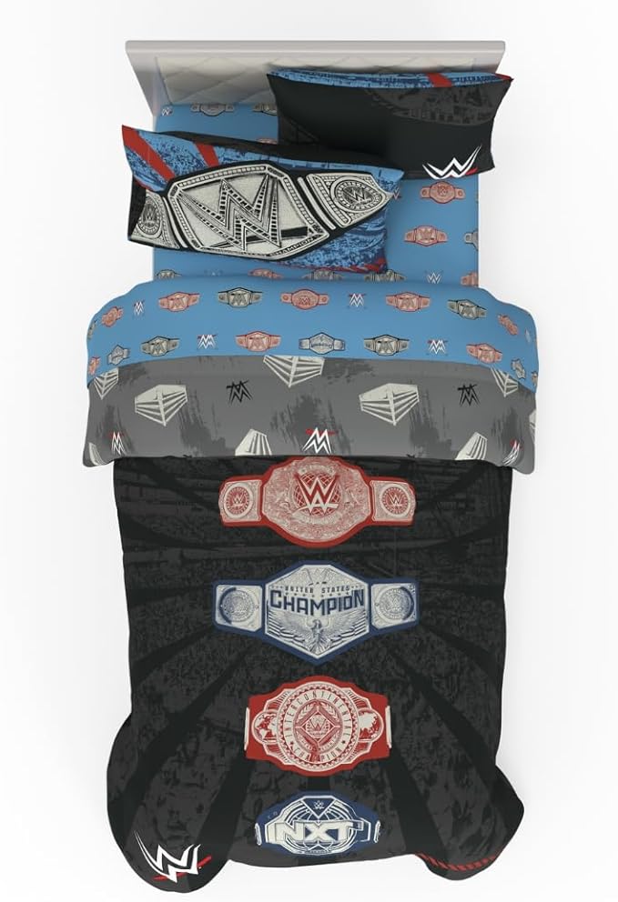 WWE Wrestling Twin Bedding Set – 4 Piece Super Soft Microfiber Reversible Comforter & Sheet Set Featuring Championship Belts (Officially Licensed Product) by Franco