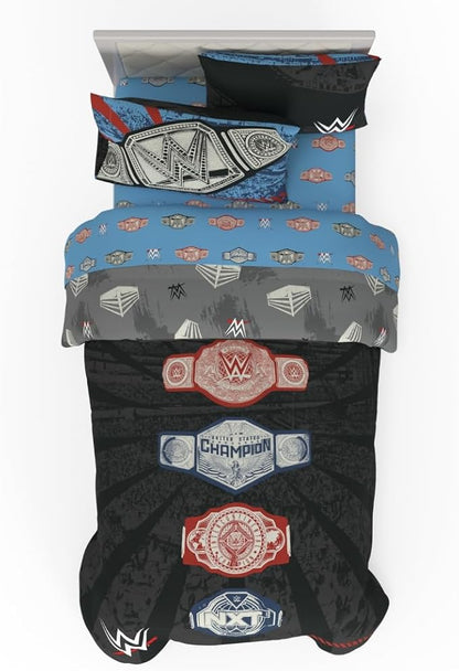 WWE Wrestling Twin Bedding Set – 4 Piece Super Soft Microfiber Reversible Comforter & Sheet Set Featuring Championship Belts (Officially Licensed Product) by Franco