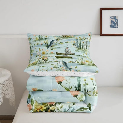 Erosebridal Fishing King Comforter Set,Fisherman and Fish Bedding Sets for Kids Boys Men,Big Pike Bass Fish Quilt Bed Set,Rustic Lake House Flower Bedroom Decor,2 Pillowcases Breathable