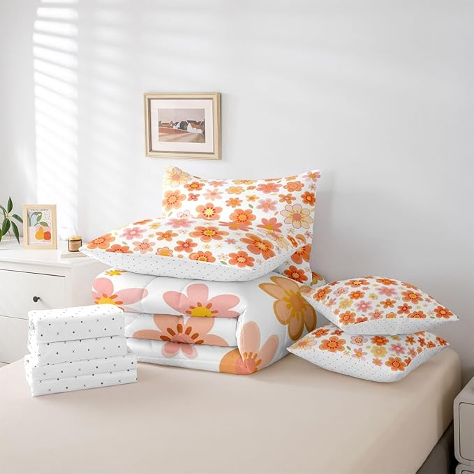 Erosebridal 70S Retro Flowers Bed in A Bag King | Bohemia Cartoon Funky 7 Piece Comforter Set Vintage Autumn Floral Sheet Set Reversible Pastoral Style Fitted Sheet Breathable Lightweight