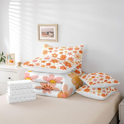 Erosebridal 70S Retro Flowers Bed in A Bag King | Bohemia Cartoon Funky 7 Piece Comforter Set Vintage Autumn Floral Sheet Set Reversible Pastoral Style Fitted Sheet Breathable Lightweight
