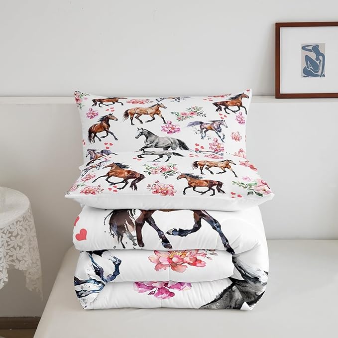 Erosebridal Horse Bedding Sets for Girls,Pink Horse Rose Comforter Full,Farmhouse Horse Bedding for Cabin Lodge,Western Cowboy Cowgirl Bed Sets with 2 Pillowcases