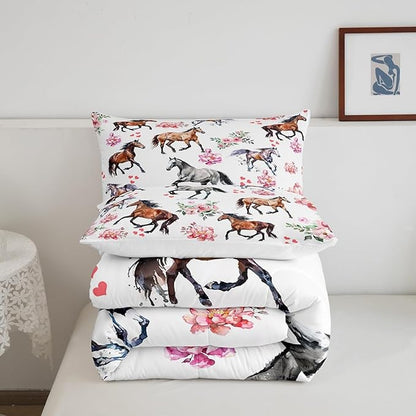 Horse Comforter Set King,Farm Western Cowboy Cowgirls Bedding Set for Kids Boys Girls Teens,Pink Rose Floral Duvet Insert with Cute Lover Heart,Kawaii Horse Down Comforter with 2 Pillowcases