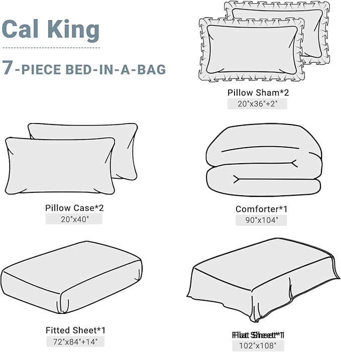 JOLLYVOGUE Light Blue/Ivory Cal King Size Comforter Sets 7 Pieces, Pintuck Bed in a Bag Comforter Set for Bedroom, Bedding Comforter Sets with Comforter, Sheets,Ruffled Shams & Pillowcases