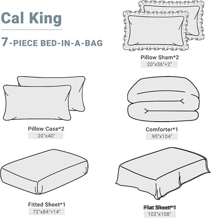 JOLLYVOGUE Light Blue/Ivory Cal King Size Comforter Sets 7 Pieces, Pintuck Bed in a Bag Comforter Set for Bedroom, Bedding Comforter Sets with Comforter, Sheets,Ruffled Shams & Pillowcases