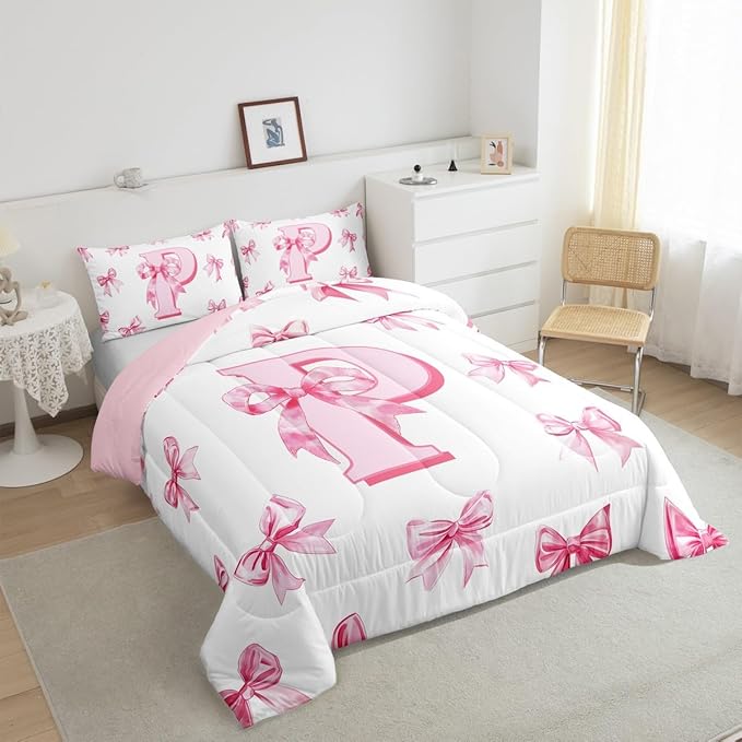 Erosebridal Initial Letter P Bedding Comforter Sets Pink Kawaii Bow Twin Bedding Set for Girls,Dreamy Princess Letter Bowknot Comforter Set for Kids Teen Women Bedroom Decor,Cute Girly Bow Bed Set
