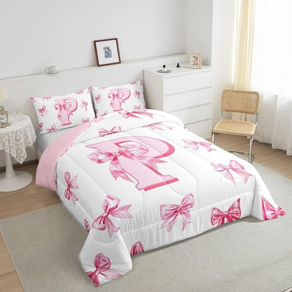 Erosebridal Initial Letter P Bedding Comforter Sets Pink Kawaii Bow King Bedding Set for Girls,Dreamy Princess Letter Bowknot Comforter Set for Kids Teen Women Bedroom Decor,Cute Girly Bow Bed Set