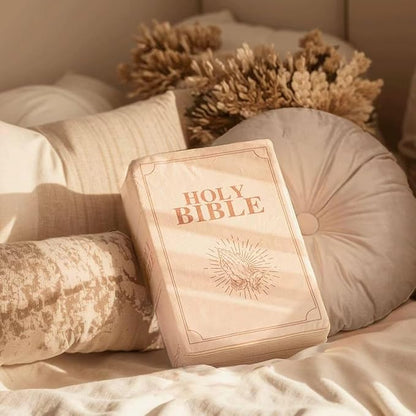 The Holy Bible Pillow Plush- Book Shape, Openable, Cozy Faith Bible Pillow Christian Bible Verse Pillow (Beige)
