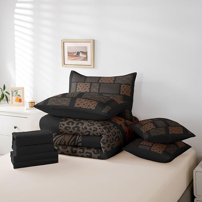 Wildlife Fur Splicing Print Comforter Set Full Size,Leopard Cheetah Zebra Cattle Bedding Set,Animals Skin Bed Set 7 Pieces(Comforter+Fitted+Flat Sheet+Pillowcase+Pillow Cover)