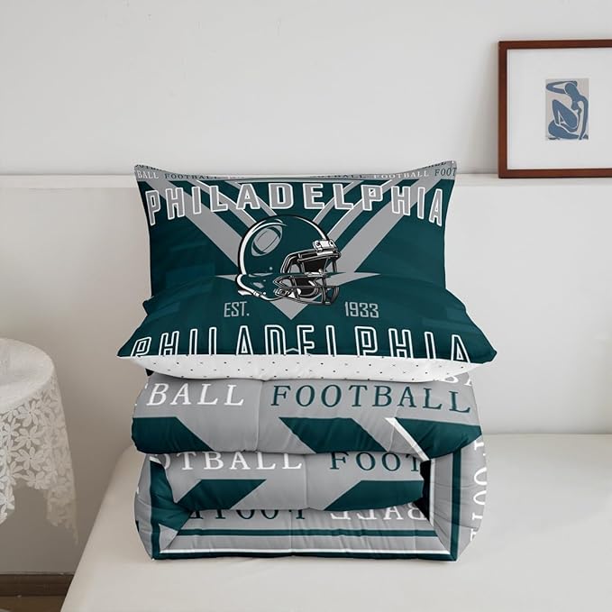 Feelyou Football Bedding Set Boys Girls King Size Rugby Sports Comforter Set Sports Theme Women Men Football City Duvet Quilt Gray Green Room Decor