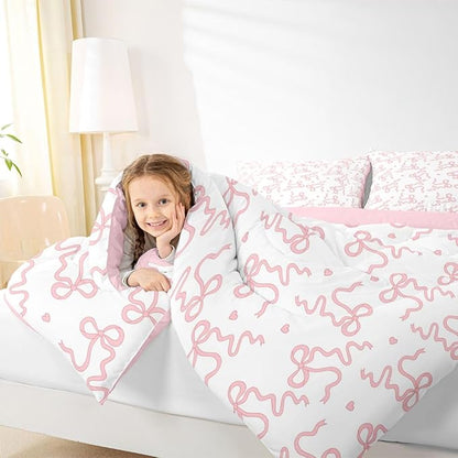 Pink Bow Print Bedding Sets Twin Size,Girl Sweet Princess Style Comforter Set 2Pcs for Kids Girls Women Room Decor,Cute Love Pattern Quilted Duvet Girly Bowknot Down Comforter,1 Pillowcase