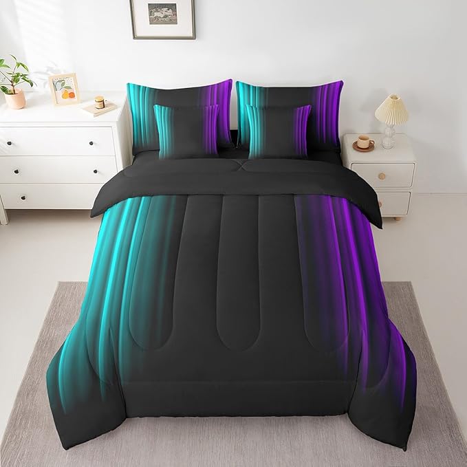 Feelyou Teens Abstract Ombre Decorations Bed in a Bag for Kids Women Teal Purple and Black Comforter Set with Sheets Geometric Modern Bed Set Room Twin Size