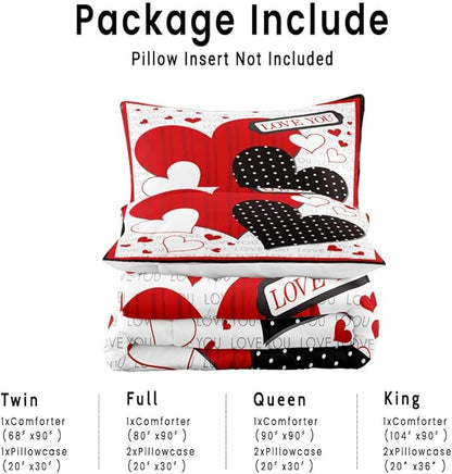 Black and Red Hearts King Size Comforter Set with 2 Pillowcases, Modern Valentine's Day Printed Pillow Shams Soft 3 Pcs Bedding for Kids Adults Bedroom Dormroom Bed Decor All Season