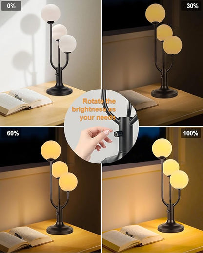Modern Black Table Lamp for Bedroom, 3-Globe Dimmable Small Desk Lamp 3000K Warmwhite Nightstand Lamp Bedside Lamps for Living Room End Table(G9 Bulb Included)