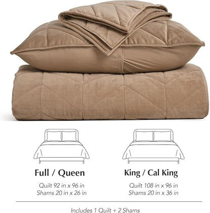 EVERGRACE 3 Pieces Luxurious Queen Velvet Quilts, Ultra Soft Lightweight Velvet Comforter Set, Matelasse Oversized Diamond Bedspread Coverlet for All Season with 2 Shams, Khaki Tan, 92"x96"