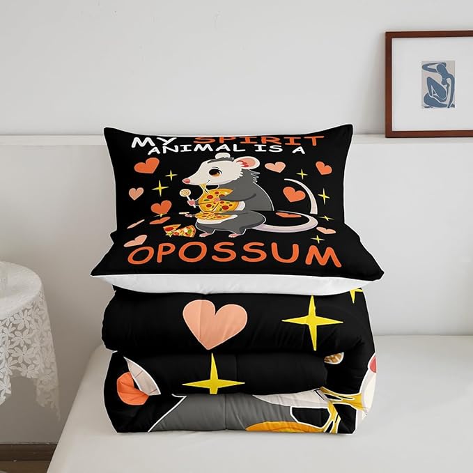 Cute Opossum Bedding Set for Boys Girls,Pizza Candy Dessert All Season Cozy Comforter Set Full Size,Cartoon Animal Theme Duvet Set Bedroom Decor,Festival Gifts