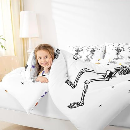 Erosebridal Halloween Skull Comforter Set Twin, Dancing Skull Bedding Set, Gothic Skeleton Comforter, Star Quilt with 1 Pillowcase for Kids Boys Teens Men Vintage Halloween Decor