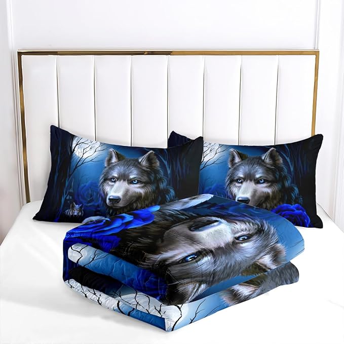 Wolf Comforter Set Full Size, Blue Roses Bedding Set, 3 Pieces Black Moon Night Bedroom Decor with 2 Pillowcases/79 * 90