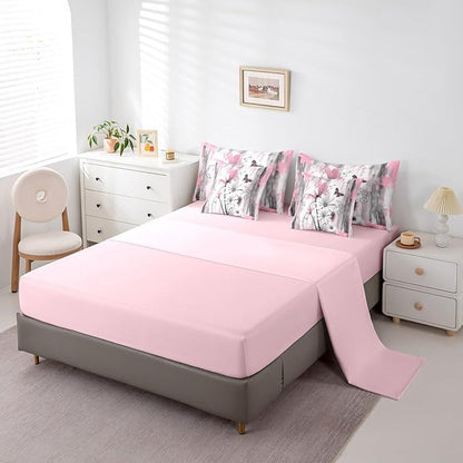 Feelyou Girls Daisy Flower Comforter Set with Sheets Full Size 7 Pieces Kids Vintage Floral Butterfly Bedding Set for Boys Women Teens Pink Grey White Simple Modern Abstract Art Bed in a Bag