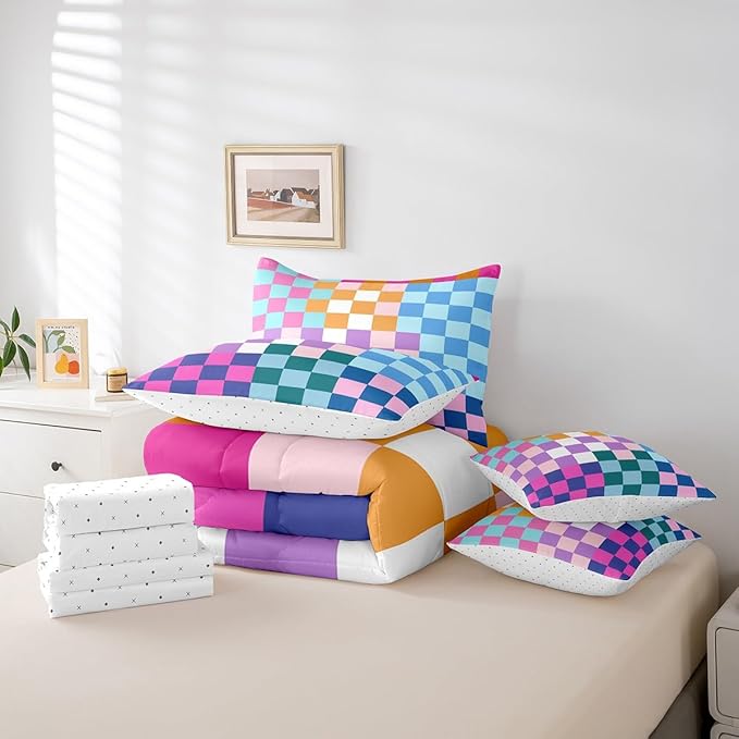 Feelyou Multicolored Checkered Retro Bedding Sets Kids Boys Girls Geometric Vintage Comforter Bed in a Bag Queen Size Rainbow Colorful Bed Duvet Insert Modern Groovy Aesthetic Room Decor