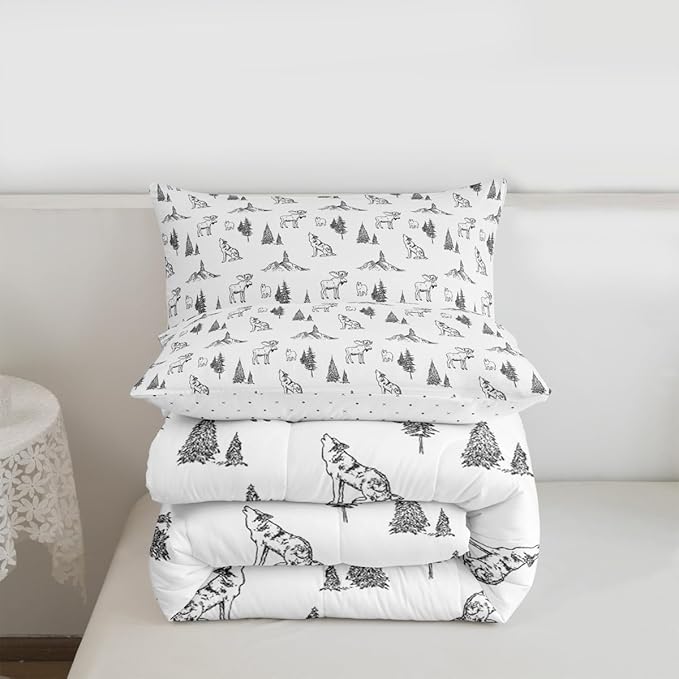 Erosebridal Woodland Animals Comforter Set King Size Bear Deer Wolf Hunting Theme Bedding Set for Kids Child | Rustic Cabin Lodge Decor Duvet Insert Farmhouse Wildlife Mountain Black White Quilt