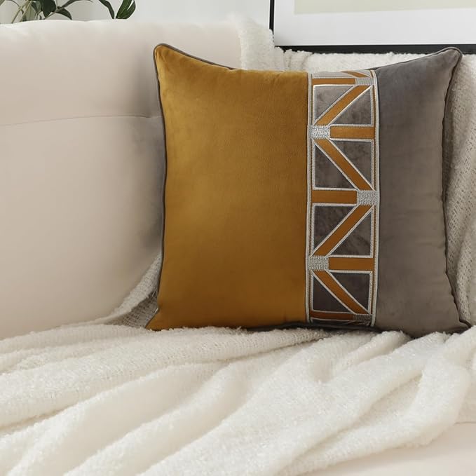 Throw Pillow Covers with Insert Included, with Embroidered Detail, 18 x 18 inches, Decorative Throw Pillow for Sofa Couch Bed (Gold Gray, 18" L x 18" W)