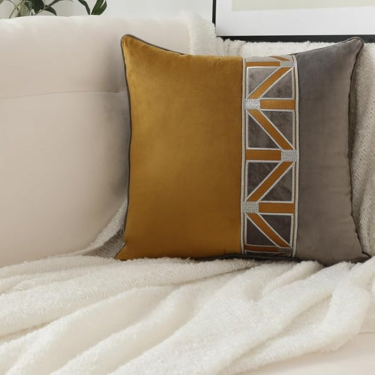 Throw Pillow Covers with Insert Included, with Embroidered Detail, 18 x 18 inches, Decorative Throw Pillow for Sofa Couch Bed (Gold Gray, 18" L x 18" W)
