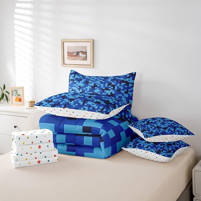 Navy Blue Camouflage 7Pcs Comforter Set Full Size,Geometric Checked Bedding Sets for Kids Boys Teens Men Room Decor,Pixelated Miner Style Fitted Flat Sheet Video Games 2 Throw Pillow,2 Pillowcases