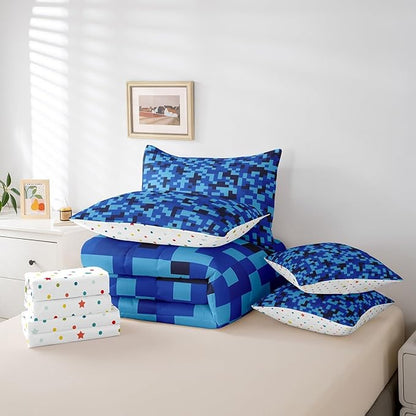 Navy Blue Camouflage 7Pcs Comforter Set King Size,Geometric Checked Bedding Set for Kids Boys Teens Men Room Decor,Pixelated Miner Style Fitted Flat Sheet Video Games 2 Throw Pillow,2 Pillowcases